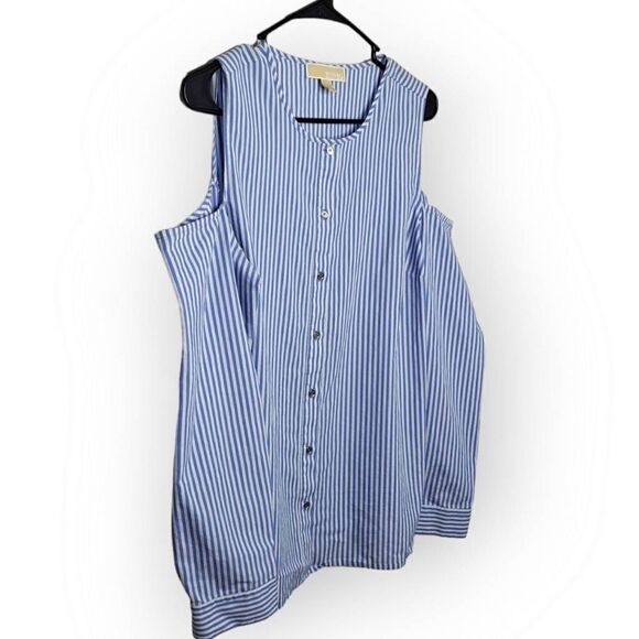 MICHAEL Michael Kors Vertical Stripe Cold Shoulder Button Down Blouse size Large - Picture 2 of 6